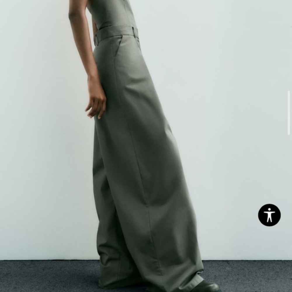 Zara Blogger Khaki Utility-Chic Halter Paper Bag Wide-Leg Cotton Gabardine XXL - Picture 9 of 15